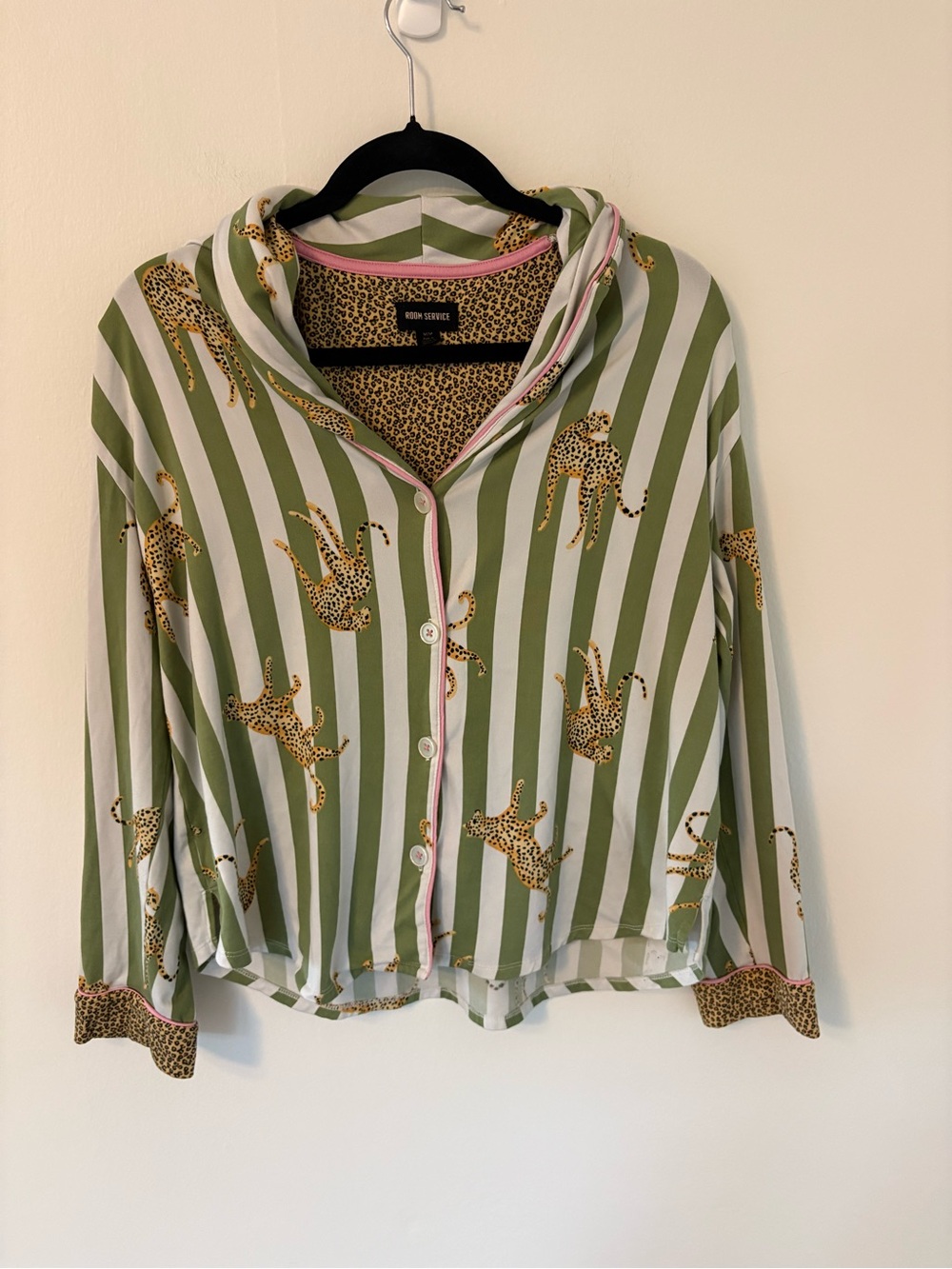 Room Service Green & White Striped Leopard Print Pajama Set - size medium - Picture 3 of 9